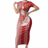 Swimming With Humpback Whales Season Tonga Short Sleeve Bodycon Dress Tongan Tofuaa Ngatu Pattern Red LT14 Long Dress Red - Polynesian Pride