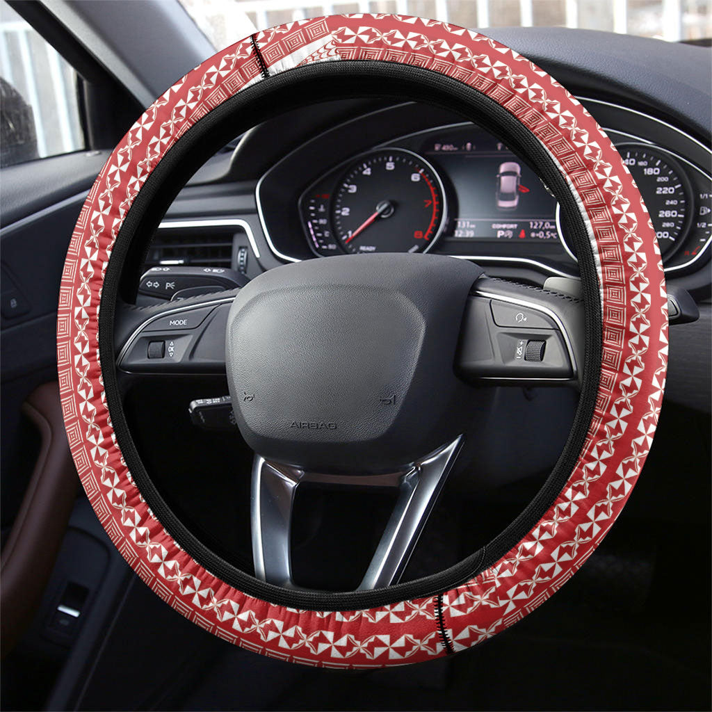 Swimming With Humpback Whales Season Tonga Steering Wheel Cover Tongan Tofuaa Ngatu Pattern Red LT14 - Polynesian Pride
