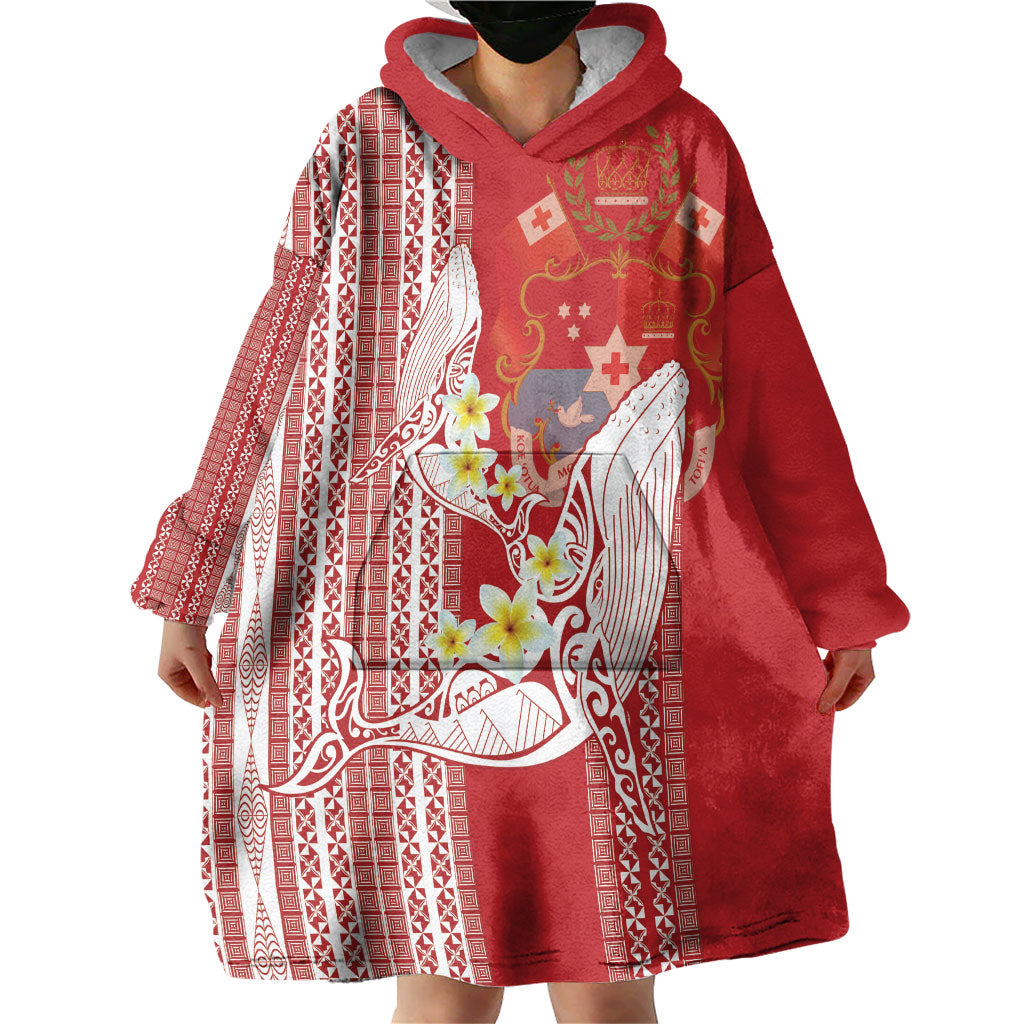 Swimming With Humpback Whales Season Tonga Wearable Blanket Hoodie Tongan Tofuaa Ngatu Pattern Red LT14 - Polynesian Pride