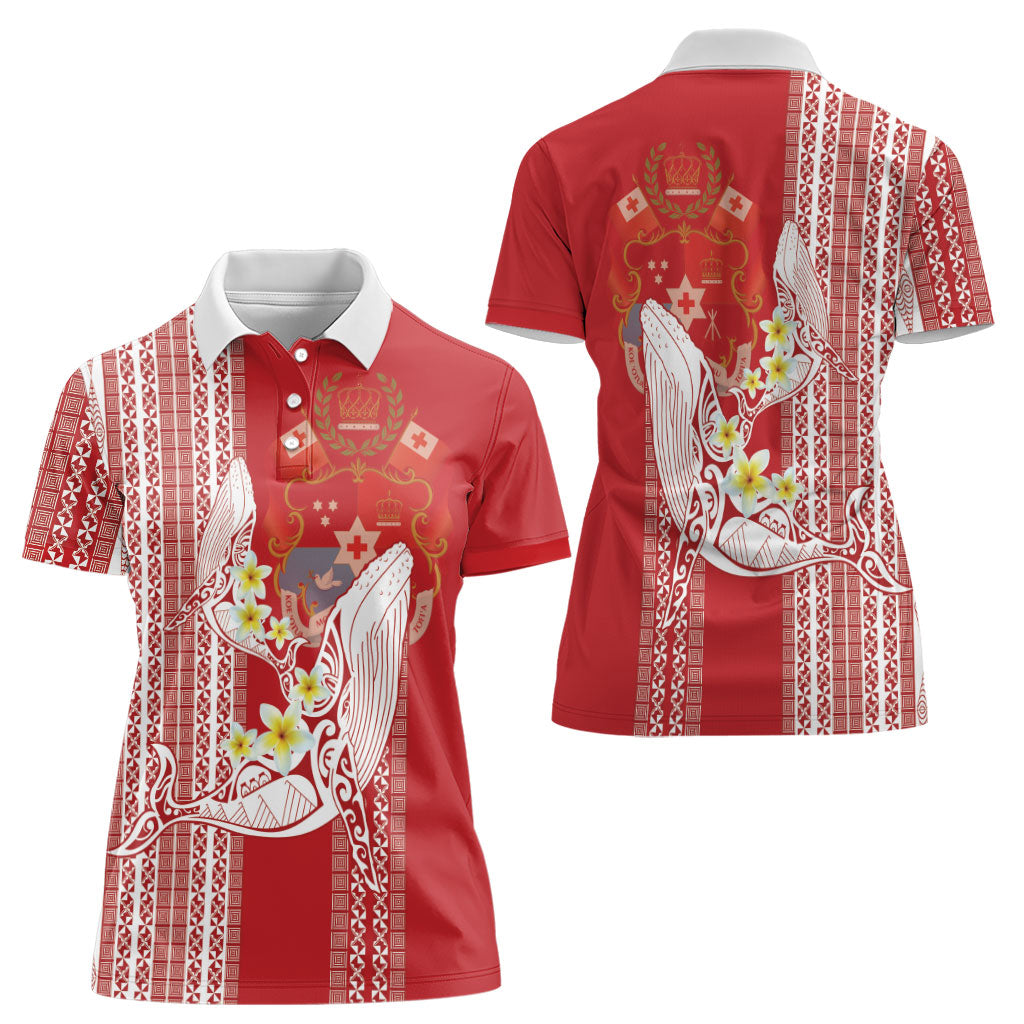 Swimming With Humpback Whales Season Tonga Women Polo Shirt Tongan Tofuaa Ngatu Pattern Red LT14 - Polynesian Pride