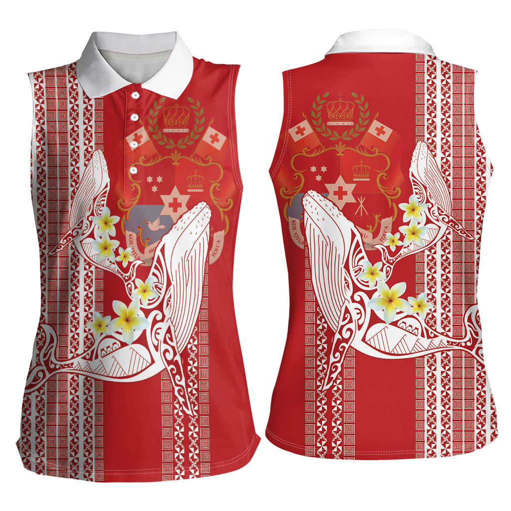Swimming With Humpback Whales Season Tonga Women Sleeveless Polo Shirt Tongan Tofuaa Ngatu Pattern Red LT14 - Polynesian Pride