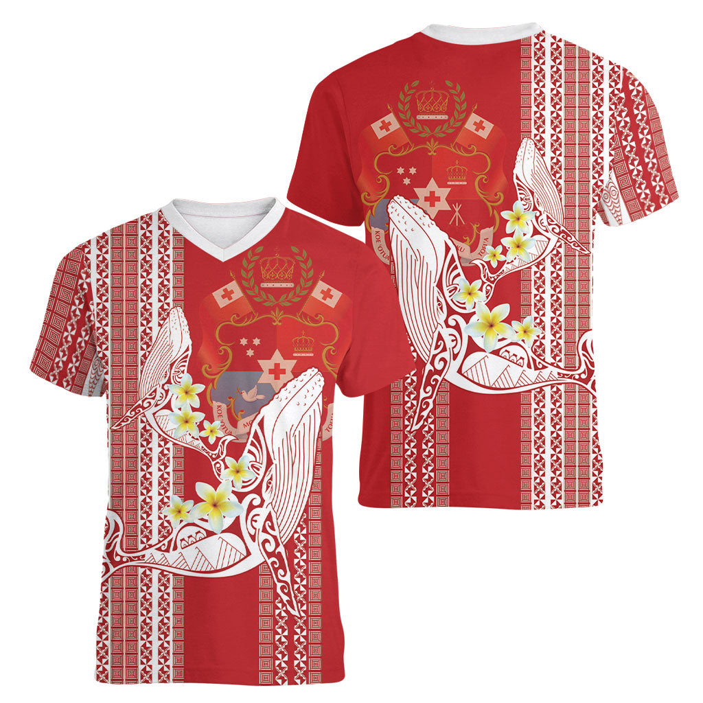 Swimming With Humpback Whales Season Tonga Women V-Neck T-Shirt Tongan Tofuaa Ngatu Pattern Red LT14 - Polynesian Pride