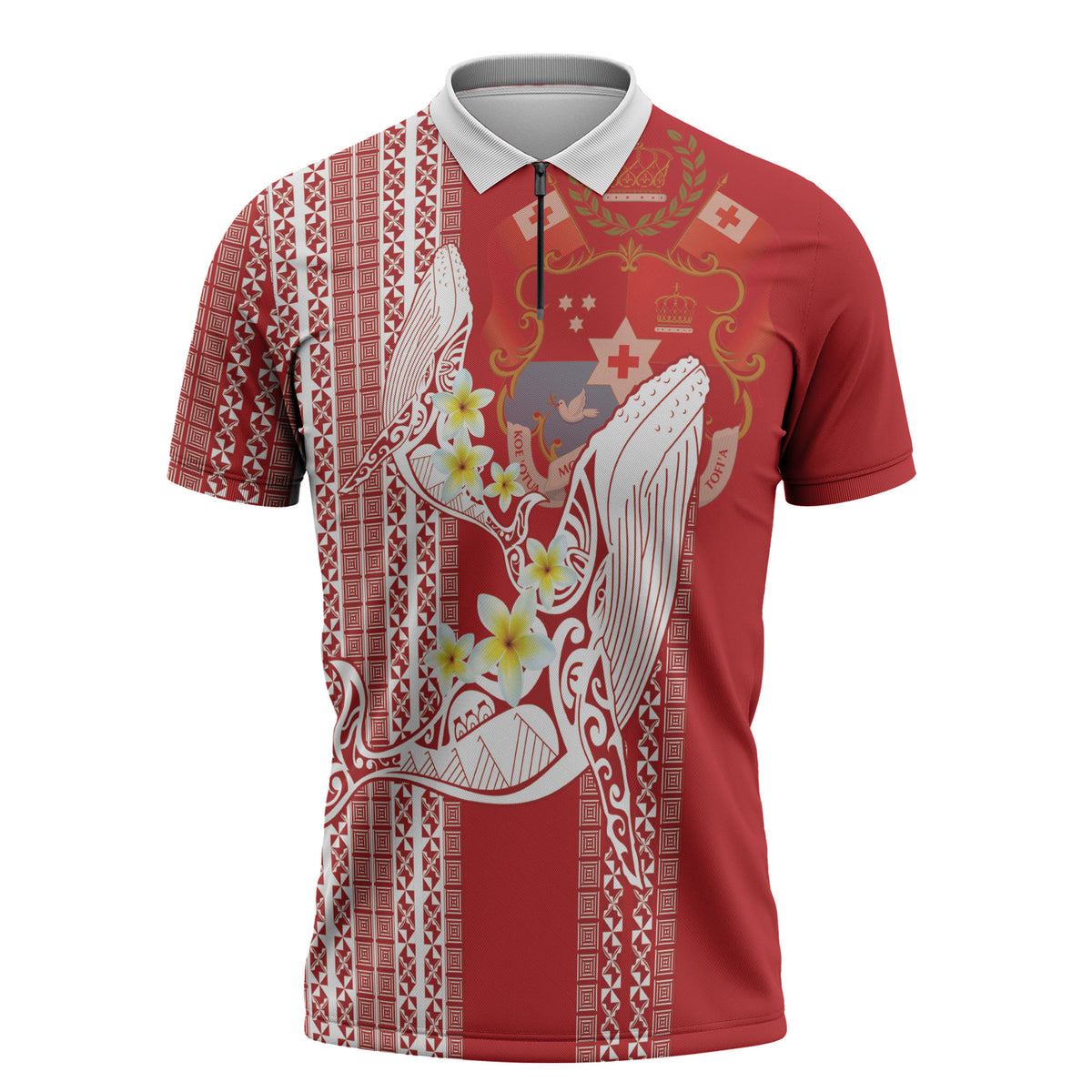 Swimming With Humpback Whales Season Tonga Zipper Polo Shirt Tongan Tofuaa Ngatu Pattern Red LT14 Red - Polynesian Pride