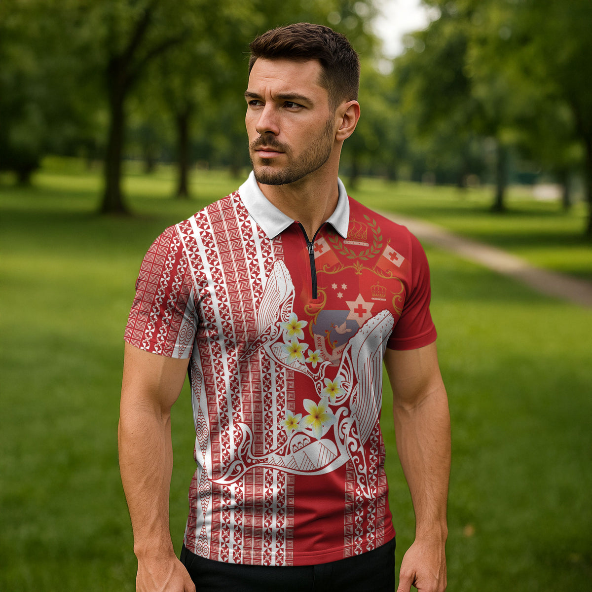 Swimming With Humpback Whales Season Tonga Zipper Polo Shirt Tongan Tofuaa Ngatu Pattern Red LT14 - Polynesian Pride
