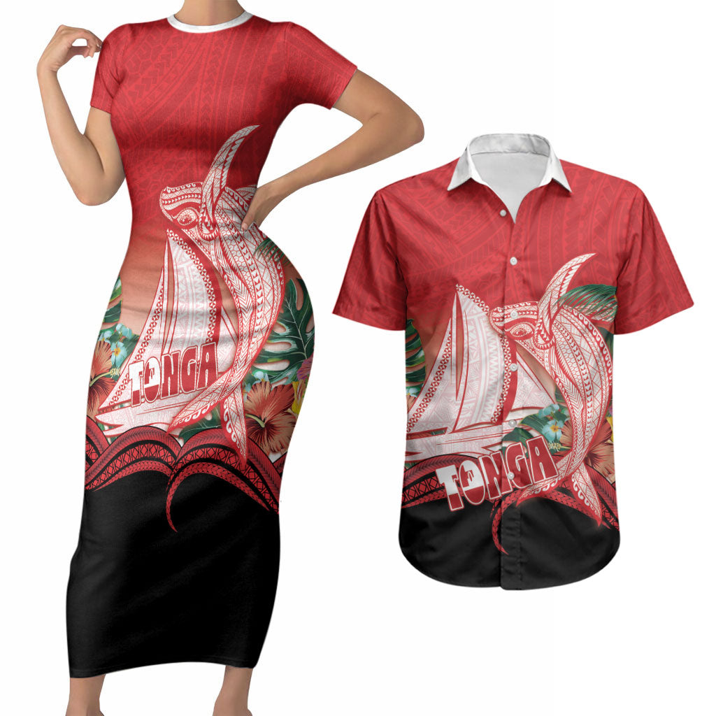 Vavau Sailing Festival Tonga Personalised Couples Matching Short Sleeve Bodycon Dress and Hawaiian Shirt Humpback Whale Sailboat Tropical Vibes