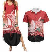 Vavau Sailing Festival Tonga Personalised Couples Matching Summer Maxi Dress and Hawaiian Shirt Humpback Whale Sailboat Tropical Vibes LT14 Red - Polynesian Pride