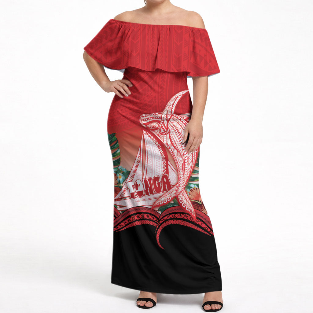 Vavau Sailing Festival Tonga Personalised Off Shoulder Maxi Dress Humpback Whale Sailboat Tropical Vibes LT14 Women Red - Polynesian Pride