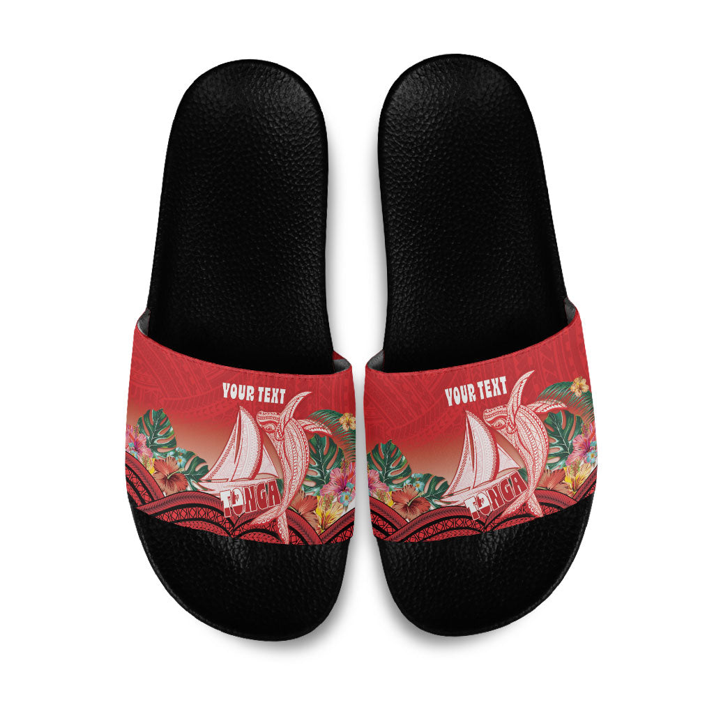 Vavau Sailing Festival Tonga Personalised Slide Sandals Humpback Whale Sailboat Tropical Vibes LT14 Red - Polynesian Pride