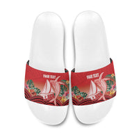 Vavau Sailing Festival Tonga Personalised Slide Sandals Humpback Whale Sailboat Tropical Vibes LT14 Red - Polynesian Pride