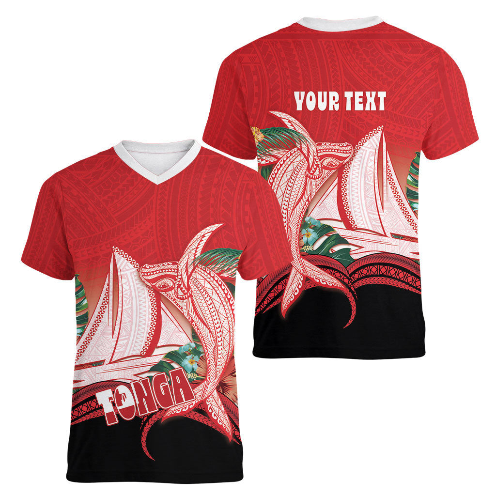 Vavau Sailing Festival Tonga Personalised Women V-Neck T-Shirt Humpback Whale Sailboat Tropical Vibes LT14 - Polynesian Pride