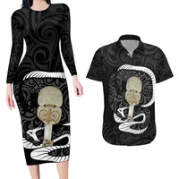 Black New Zealand Eel Couples Matching Long Sleeve Bodycon Dress and Hawaiian Shirt Aotearoa Maori Tuna With Kotiate Weapon LT14 Black - Polynesian Pride