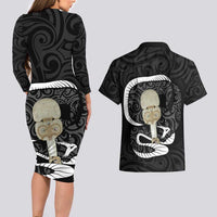 Black New Zealand Eel Couples Matching Long Sleeve Bodycon Dress and Hawaiian Shirt Aotearoa Maori Tuna With Kotiate Weapon LT14 - Polynesian Pride