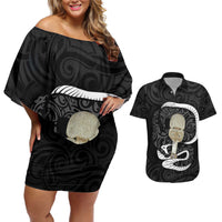Black New Zealand Eel Couples Matching Off Shoulder Short Dress and Hawaiian Shirt Aotearoa Maori Tuna With Kotiate Weapon LT14 Black - Polynesian Pride