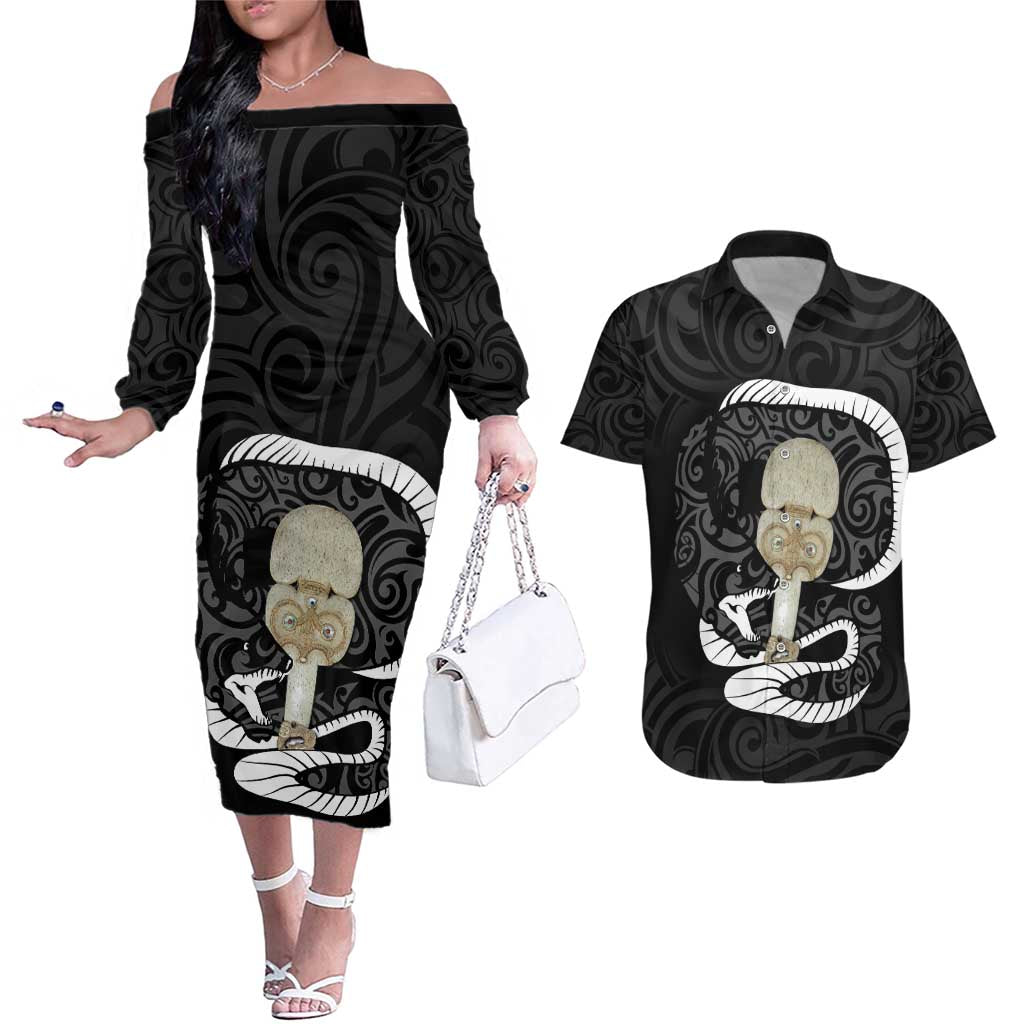 Black New Zealand Eel Couples Matching Off The Shoulder Long Sleeve Dress and Hawaiian Shirt Aotearoa Maori Tuna With Kotiate Weapon LT14 Black - Polynesian Pride