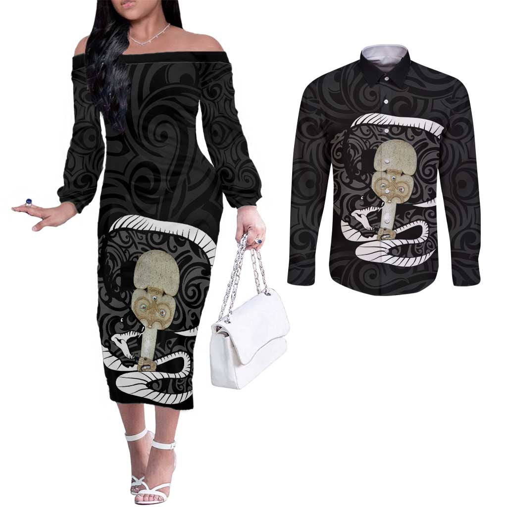 Black New Zealand Eel Couples Matching Off The Shoulder Long Sleeve Dress and Long Sleeve Button Shirt Aotearoa Maori Tuna With Kotiate Weapon LT14 Black - Polynesian Pride