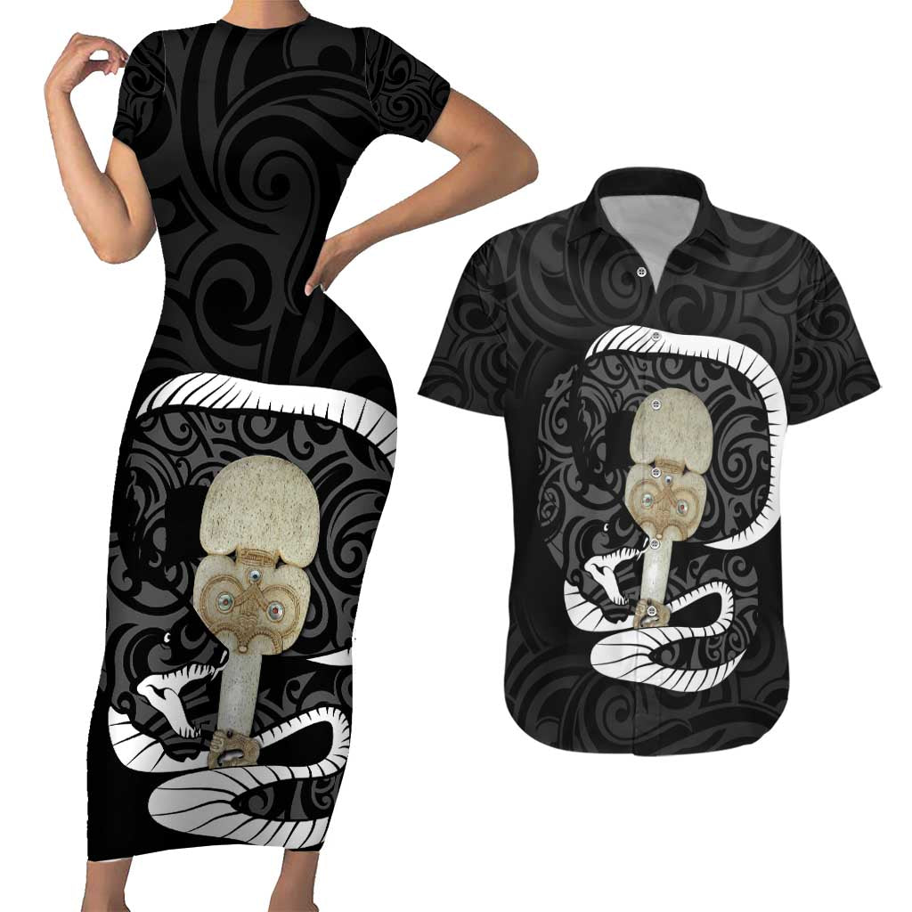 Black New Zealand Eel Couples Matching Short Sleeve Bodycon Dress and Hawaiian Shirt Aotearoa Maori Tuna With Kotiate Weapon LT14 Black - Polynesian Pride