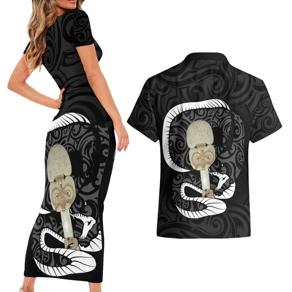 Black New Zealand Eel Couples Matching Short Sleeve Bodycon Dress and Hawaiian Shirt Aotearoa Maori Tuna With Kotiate Weapon LT14 - Polynesian Pride