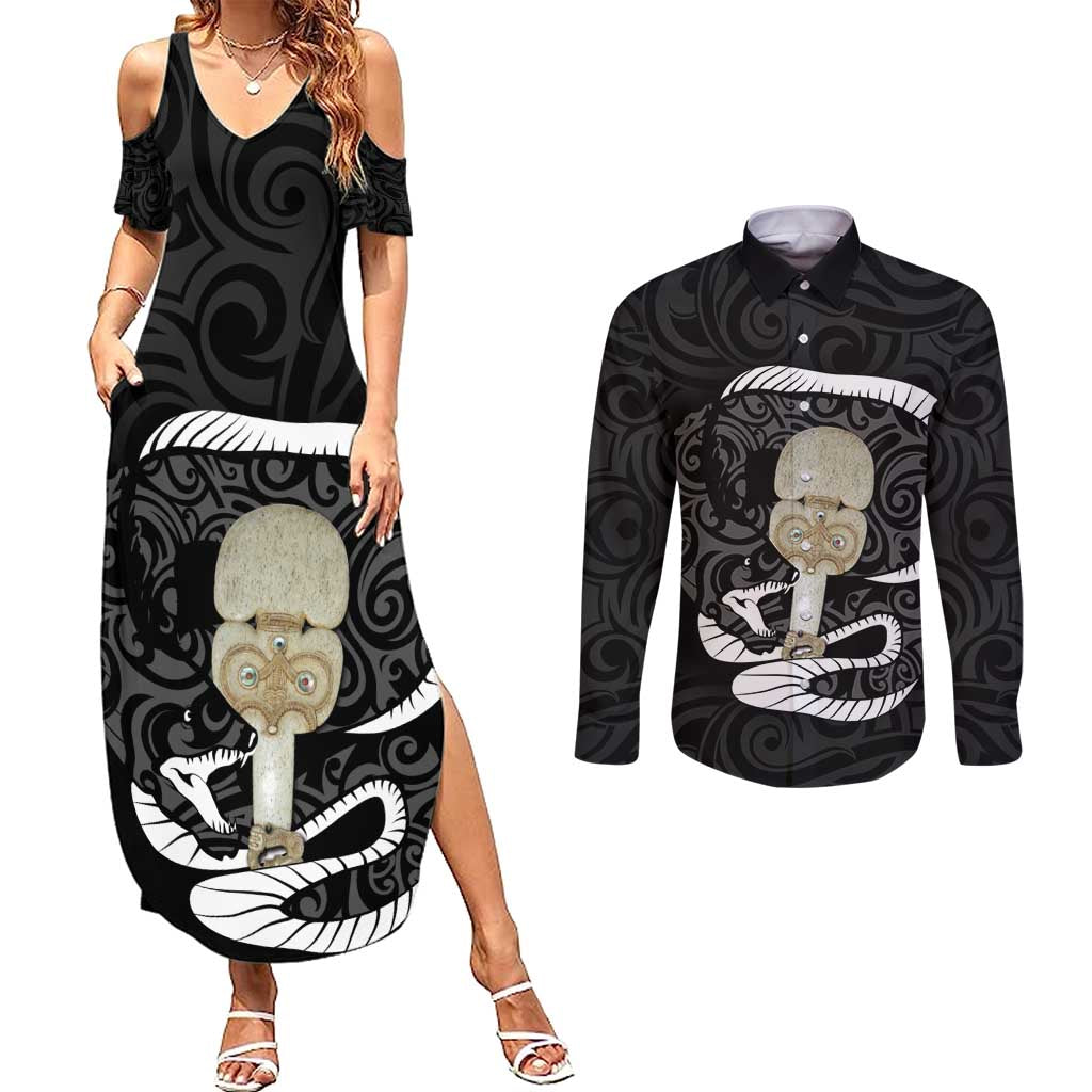 Black New Zealand Eel Couples Matching Summer Maxi Dress and Long Sleeve Button Shirt Aotearoa Maori Tuna With Kotiate Weapon LT14 Black - Polynesian Pride