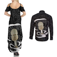 Black New Zealand Eel Couples Matching Summer Maxi Dress and Long Sleeve Button Shirt Aotearoa Maori Tuna With Kotiate Weapon LT14 - Polynesian Pride