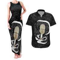 Black New Zealand Eel Couples Matching Tank Maxi Dress and Hawaiian Shirt Aotearoa Maori Tuna With Kotiate Weapon LT14 Black - Polynesian Pride