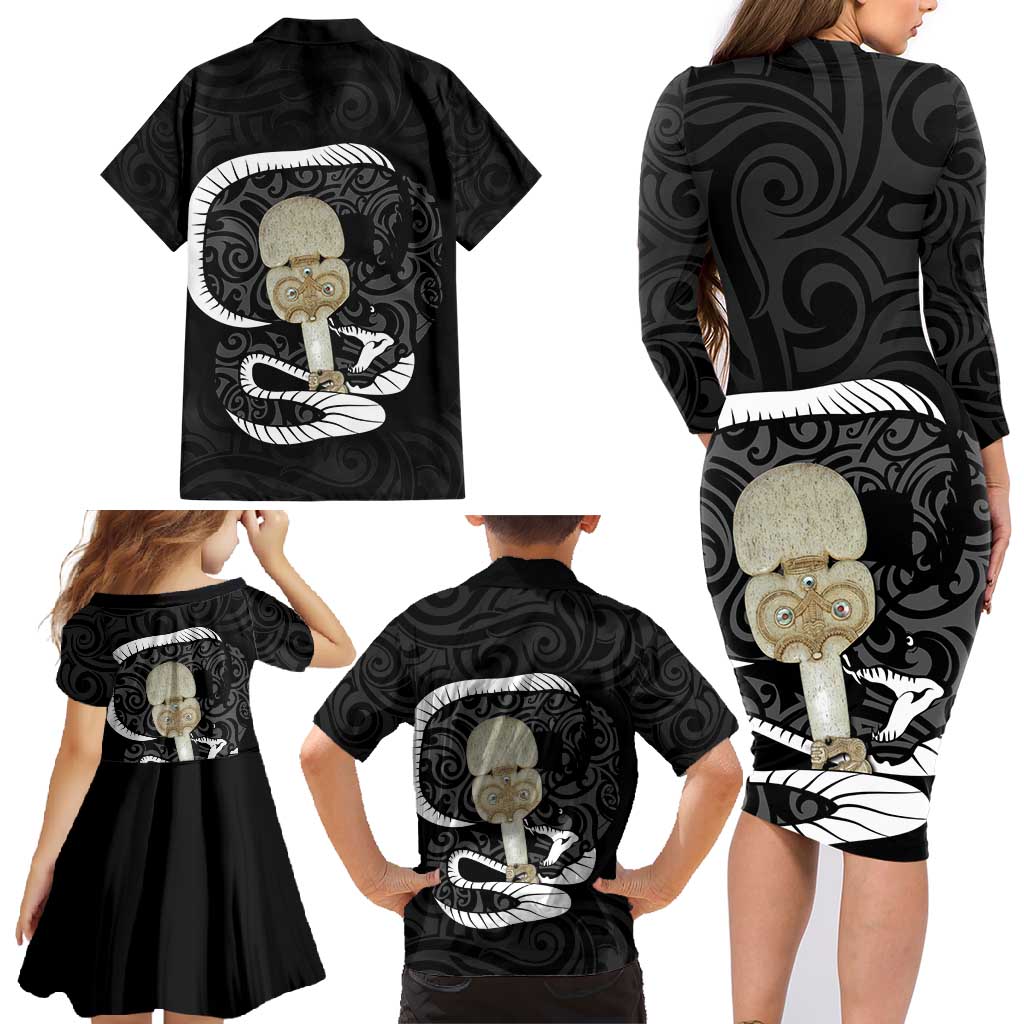 Black New Zealand Eel Family Matching Long Sleeve Bodycon Dress and Hawaiian Shirt Aotearoa Maori Tuna With Kotiate Weapon LT14 - Polynesian Pride