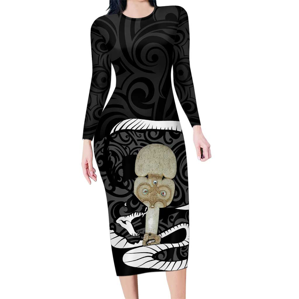 Black New Zealand Eel Family Matching Long Sleeve Bodycon Dress and Hawaiian Shirt Aotearoa Maori Tuna With Kotiate Weapon LT14 Mom's Dress Black - Polynesian Pride