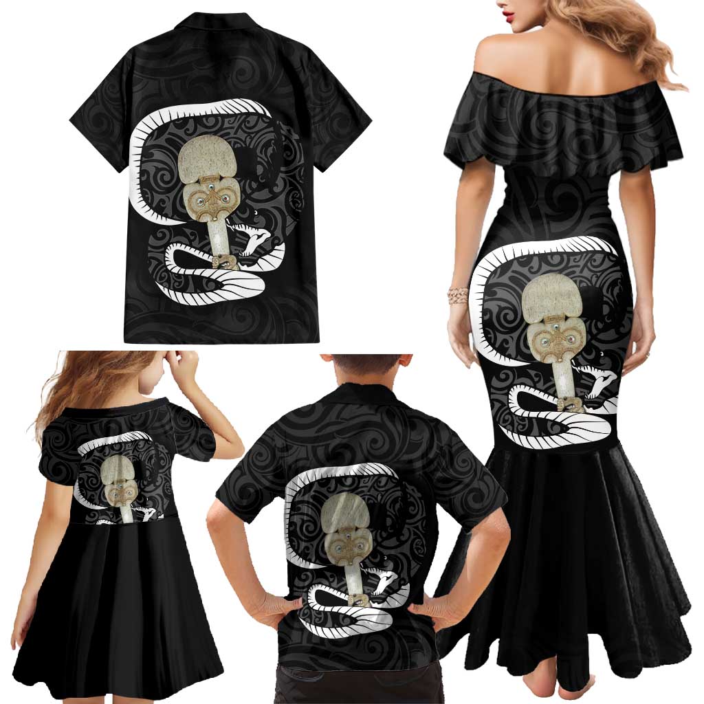 Black New Zealand Eel Family Matching Mermaid Dress and Hawaiian Shirt Aotearoa Maori Tuna With Kotiate Weapon LT14 - Polynesian Pride