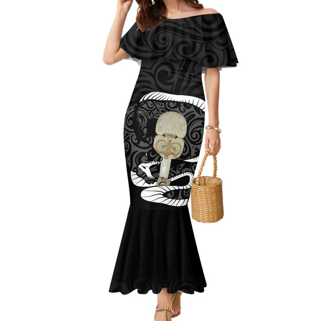 Black New Zealand Eel Family Matching Mermaid Dress and Hawaiian Shirt Aotearoa Maori Tuna With Kotiate Weapon LT14 Mom's Dress Black - Polynesian Pride