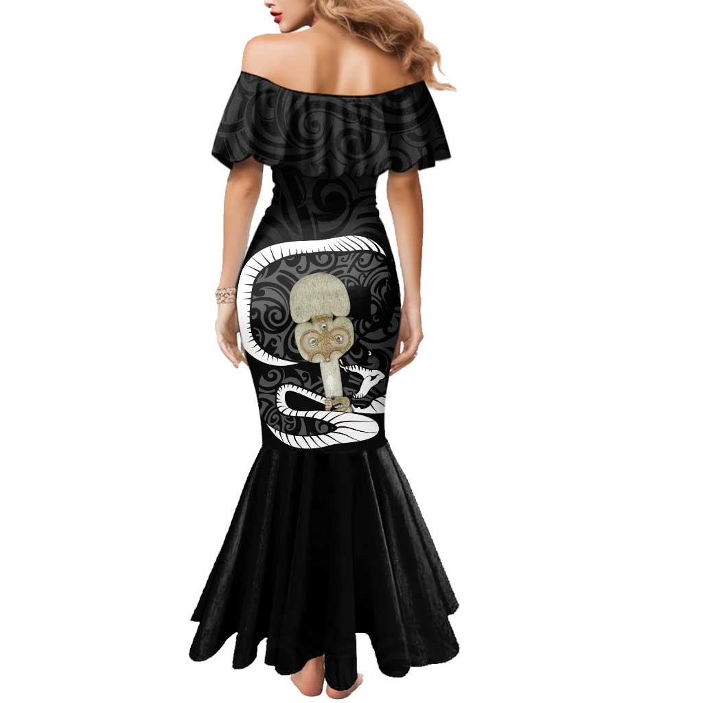 Black New Zealand Eel Family Matching Mermaid Dress and Hawaiian Shirt Aotearoa Maori Tuna With Kotiate Weapon LT14 - Polynesian Pride