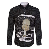 Black New Zealand Eel Family Matching Off The Shoulder Long Sleeve Dress and Hawaiian Shirt Aotearoa Maori Tuna With Kotiate Weapon LT14 Dad's Shirt - Long Sleeve Black - Polynesian Pride