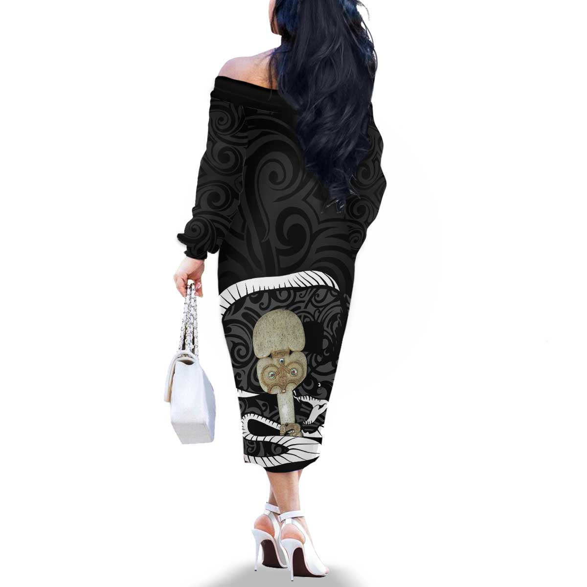 Black New Zealand Eel Family Matching Off The Shoulder Long Sleeve Dress and Hawaiian Shirt Aotearoa Maori Tuna With Kotiate Weapon LT14 - Polynesian Pride