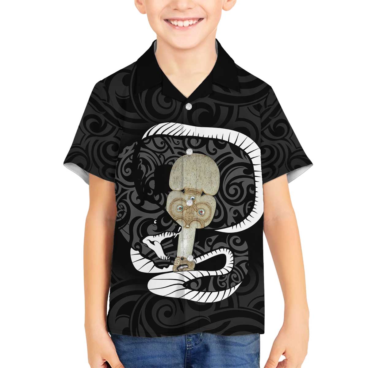 Black New Zealand Eel Family Matching Off The Shoulder Long Sleeve Dress and Hawaiian Shirt Aotearoa Maori Tuna With Kotiate Weapon LT14 Son's Shirt Black - Polynesian Pride