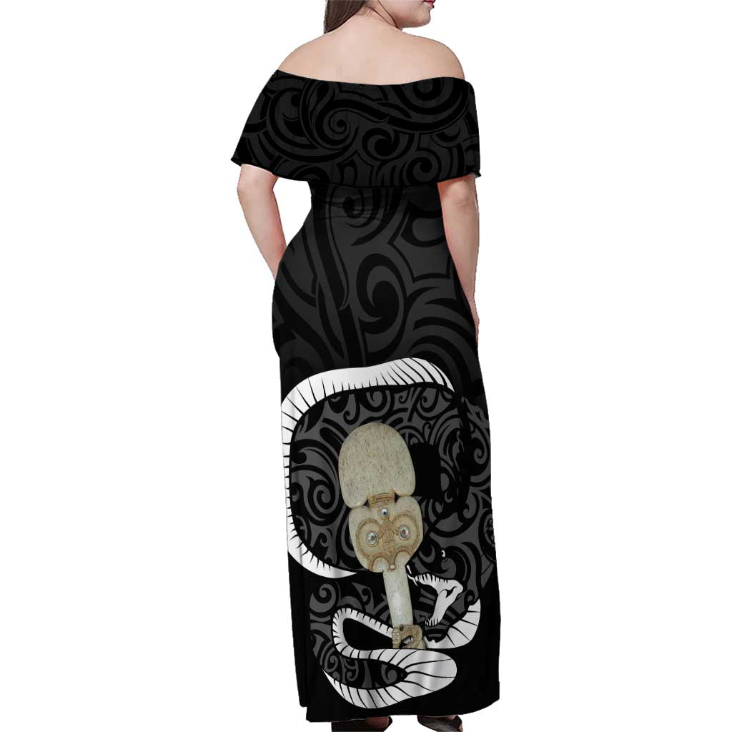 Black New Zealand Eel Family Matching Off Shoulder Maxi Dress and Hawaiian Shirt Aotearoa Maori Tuna With Kotiate Weapon LT14 - Polynesian Pride