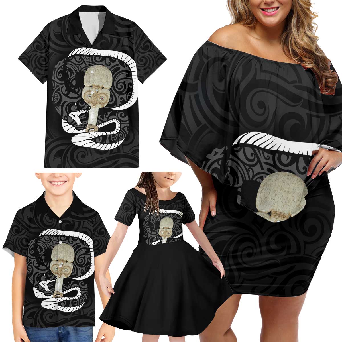 Black New Zealand Eel Family Matching Off Shoulder Short Dress and Hawaiian Shirt Aotearoa Maori Tuna With Kotiate Weapon LT14 - Polynesian Pride