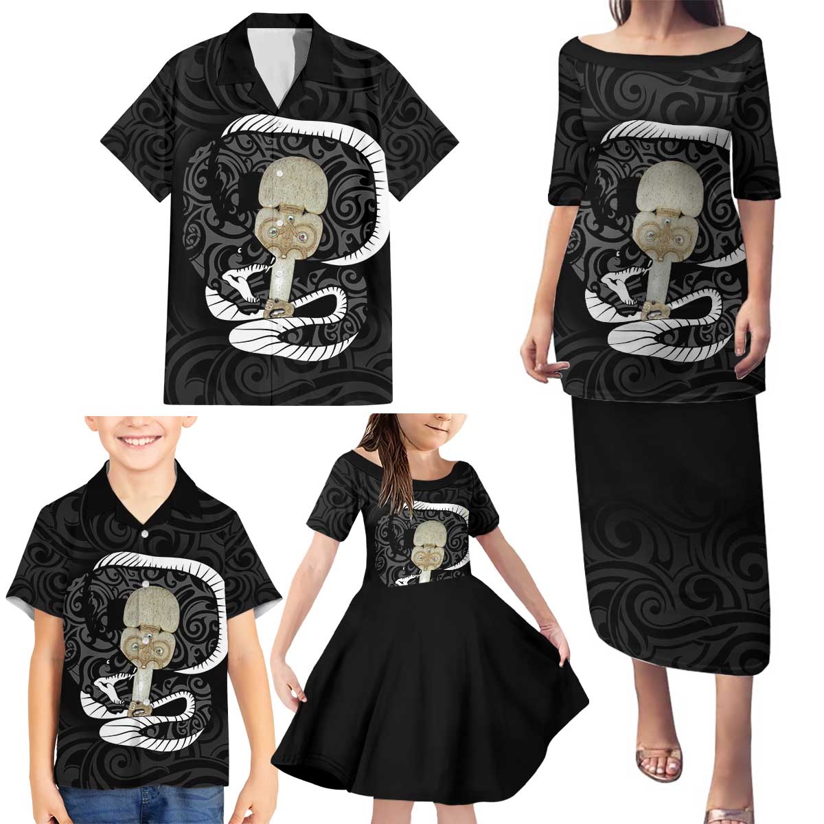Black New Zealand Eel Family Matching Puletasi and Hawaiian Shirt Aotearoa Maori Tuna With Kotiate Weapon LT14 - Polynesian Pride