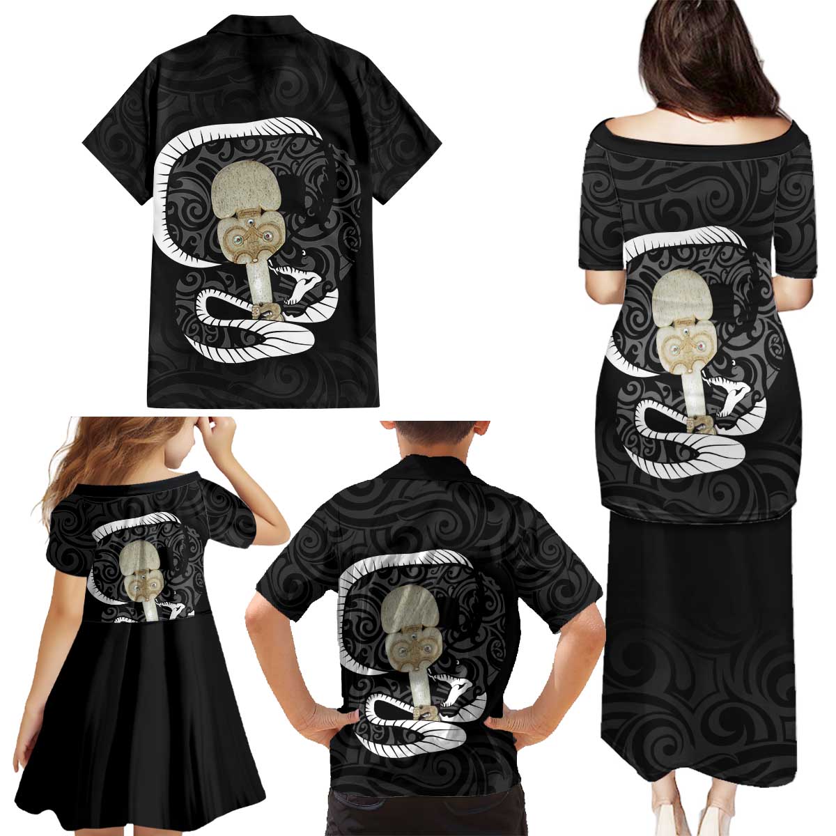 Black New Zealand Eel Family Matching Puletasi and Hawaiian Shirt Aotearoa Maori Tuna With Kotiate Weapon LT14 - Polynesian Pride