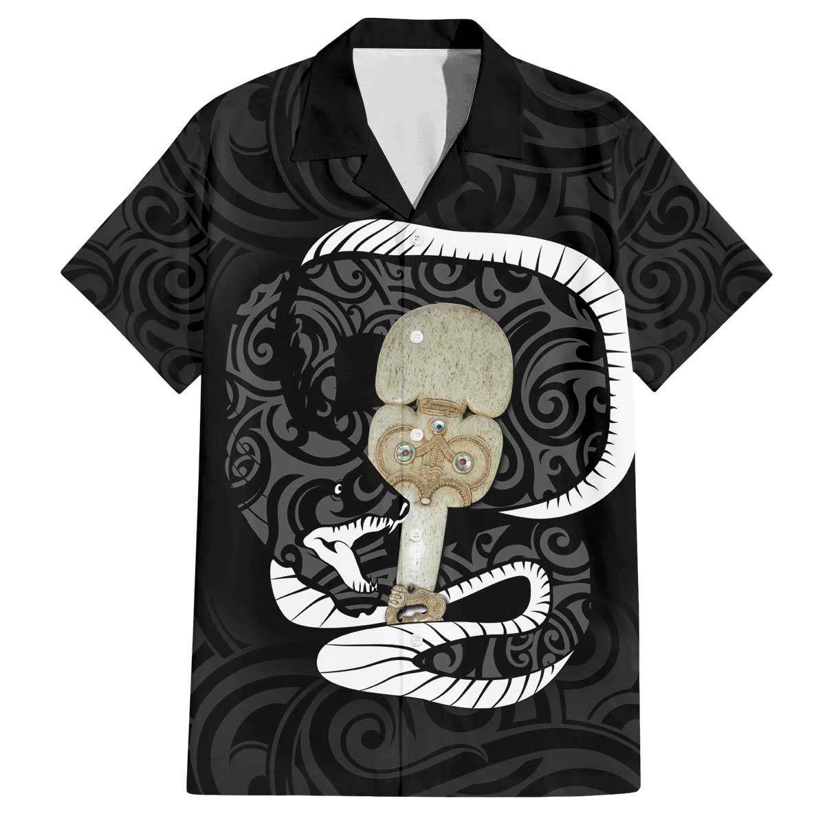 Black New Zealand Eel Family Matching Puletasi and Hawaiian Shirt Aotearoa Maori Tuna With Kotiate Weapon LT14 Dad's Shirt - Short Sleeve Black - Polynesian Pride