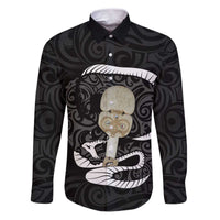 Black New Zealand Eel Family Matching Puletasi and Hawaiian Shirt Aotearoa Maori Tuna With Kotiate Weapon LT14 Dad's Shirt - Long Sleeve Black - Polynesian Pride