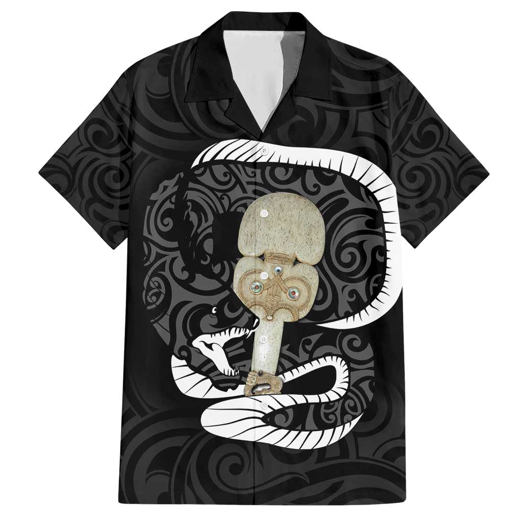 Black New Zealand Eel Family Matching Short Sleeve Bodycon Dress and Hawaiian Shirt Aotearoa Maori Tuna With Kotiate Weapon LT14 Dad's Shirt - Short Sleeve Black - Polynesian Pride