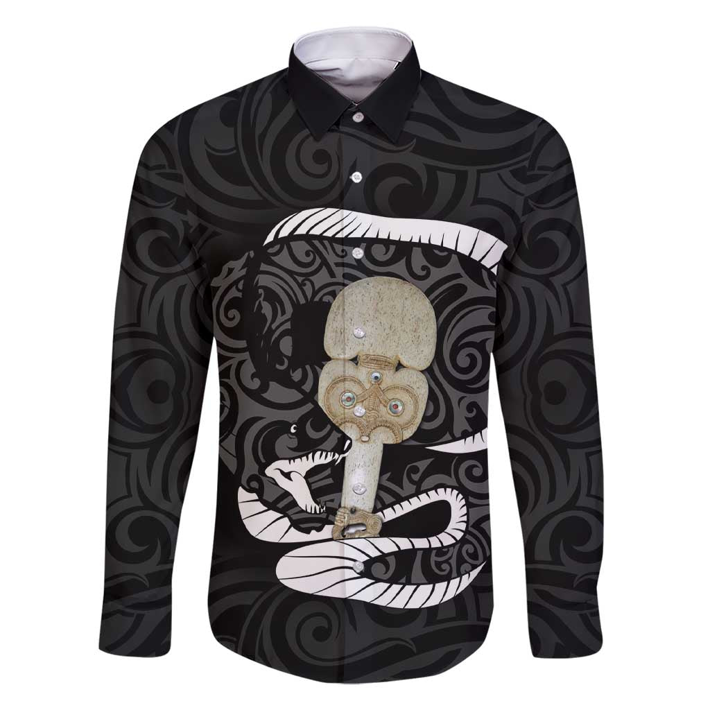 Black New Zealand Eel Family Matching Short Sleeve Bodycon Dress and Hawaiian Shirt Aotearoa Maori Tuna With Kotiate Weapon LT14 Dad's Shirt - Long Sleeve Black - Polynesian Pride