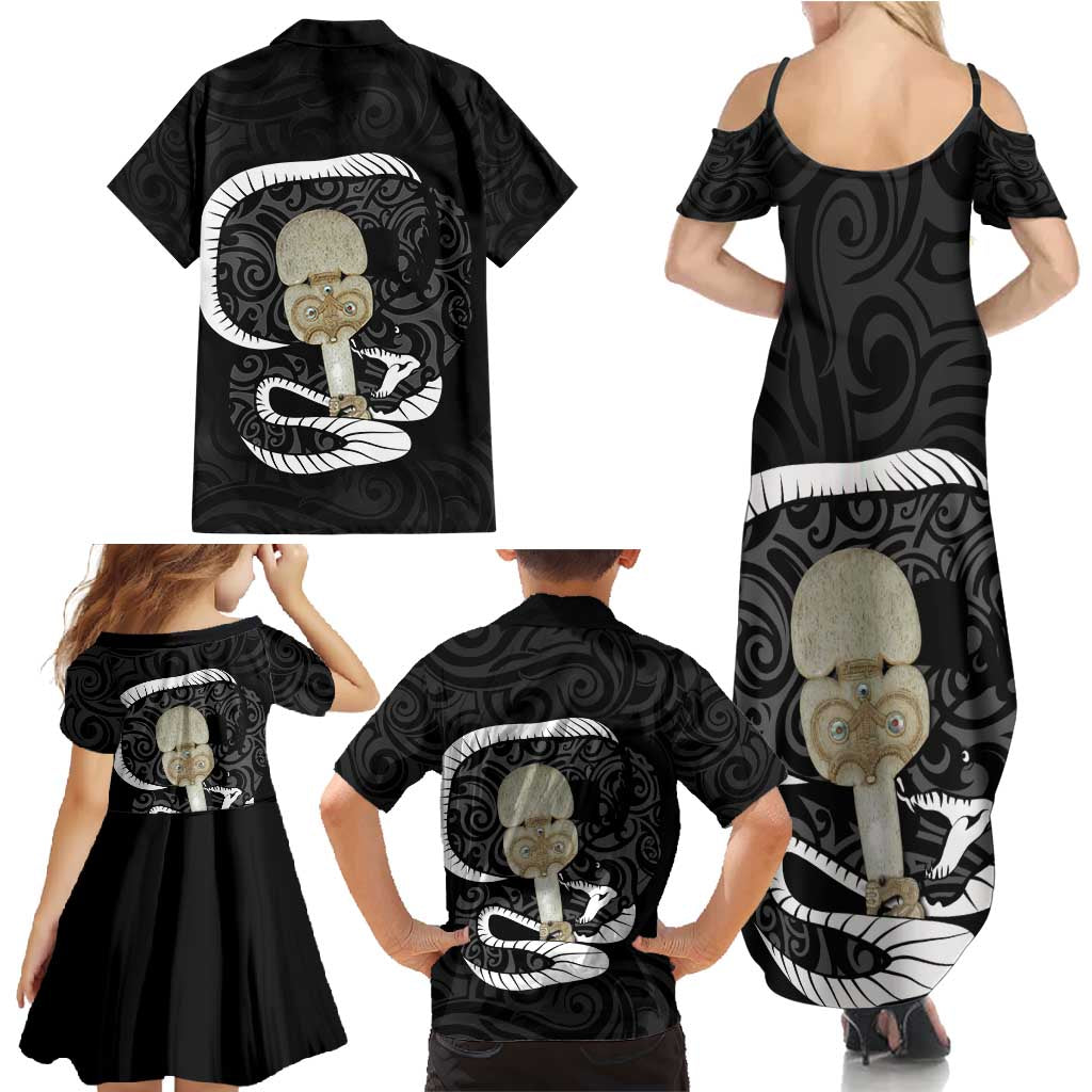 Black New Zealand Eel Family Matching Summer Maxi Dress and Hawaiian Shirt Aotearoa Maori Tuna With Kotiate Weapon LT14 - Polynesian Pride