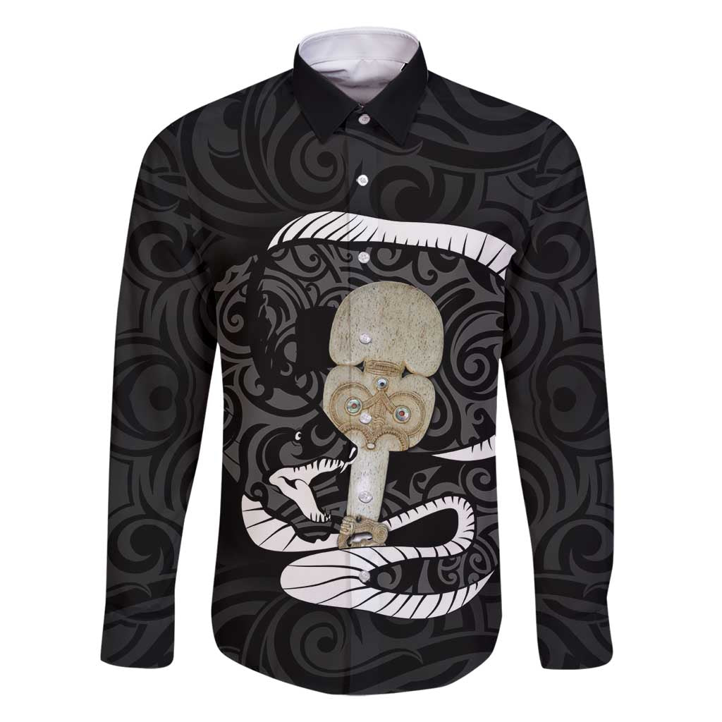 Black New Zealand Eel Family Matching Summer Maxi Dress and Hawaiian Shirt Aotearoa Maori Tuna With Kotiate Weapon LT14 Dad's Shirt - Long Sleeve Black - Polynesian Pride