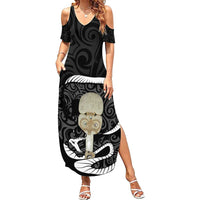 Black New Zealand Eel Family Matching Summer Maxi Dress and Hawaiian Shirt Aotearoa Maori Tuna With Kotiate Weapon LT14 Mom's Dress Black - Polynesian Pride