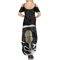 Black New Zealand Eel Family Matching Summer Maxi Dress and Hawaiian Shirt Aotearoa Maori Tuna With Kotiate Weapon LT14 - Polynesian Pride