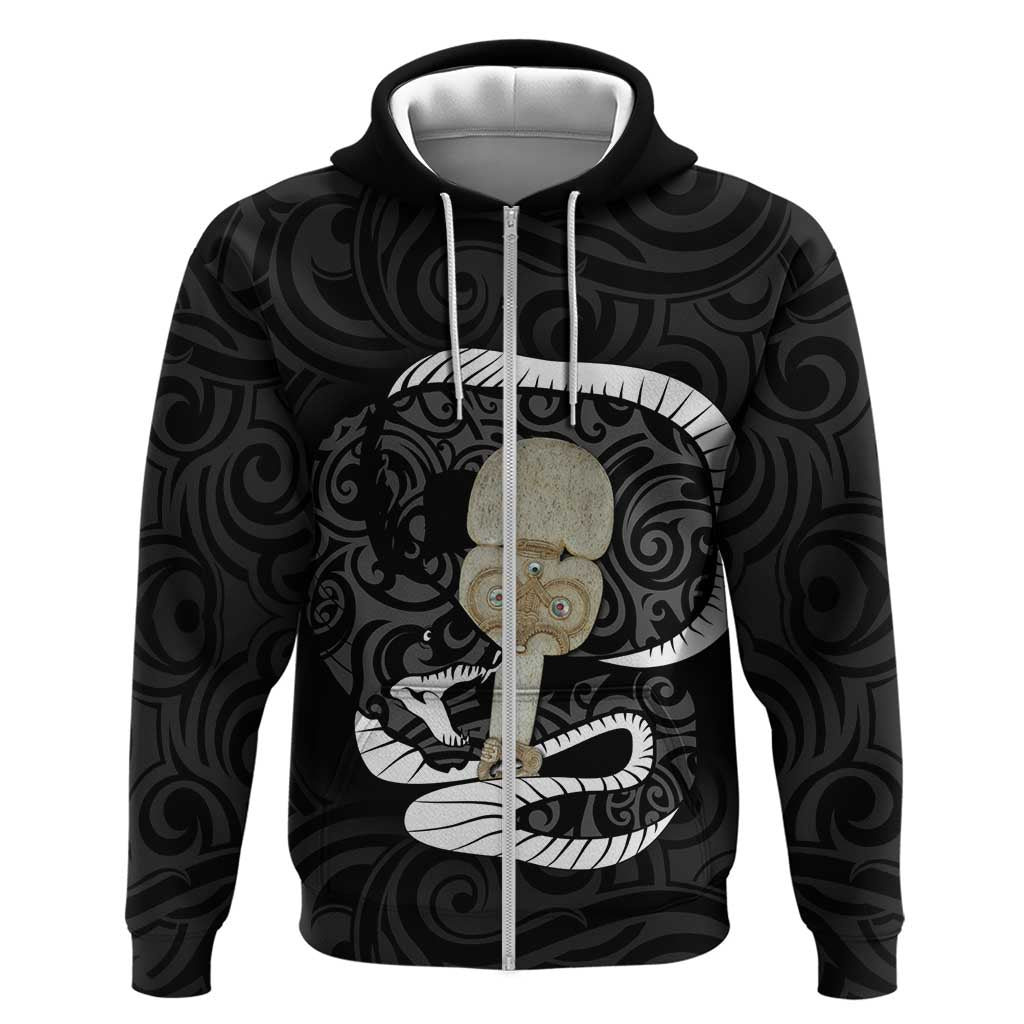 Black New Zealand Eel Zip Hoodie Aotearoa Maori Tuna With Kotiate Weapon LT14 Zip Hoodie Black - Polynesian Pride