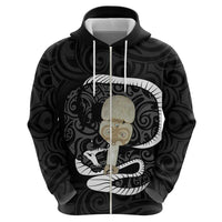 Black New Zealand Eel Zip Hoodie Aotearoa Maori Tuna With Kotiate Weapon LT14 - Polynesian Pride