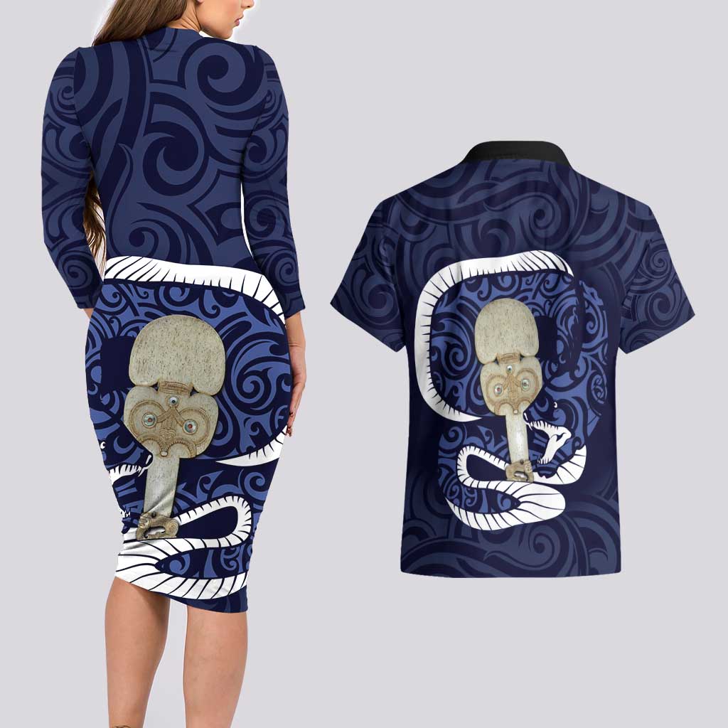 Blue New Zealand Eel Couples Matching Long Sleeve Bodycon Dress and Hawaiian Shirt Aotearoa Maori Tuna With Kotiate Weapon LT14 - Polynesian Pride