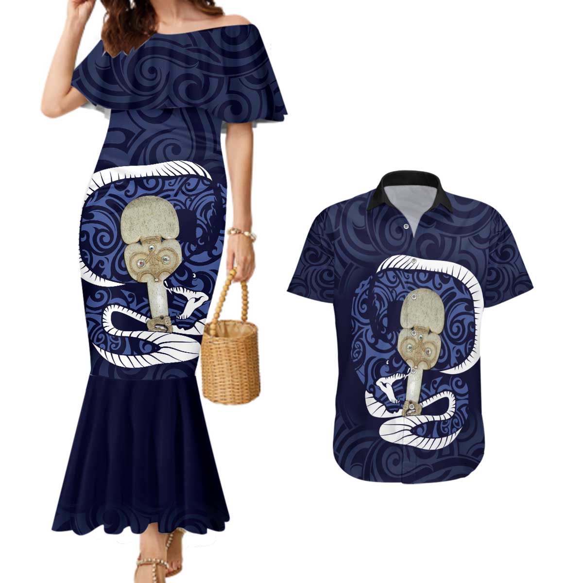 Blue New Zealand Eel Couples Matching Mermaid Dress and Hawaiian Shirt Aotearoa Maori Tuna With Kotiate Weapon LT14 Blue - Polynesian Pride