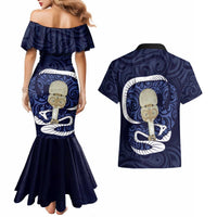 Blue New Zealand Eel Couples Matching Mermaid Dress and Hawaiian Shirt Aotearoa Maori Tuna With Kotiate Weapon LT14 - Polynesian Pride