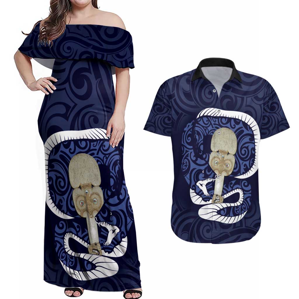 Blue New Zealand Eel Couples Matching Off Shoulder Maxi Dress and Hawaiian Shirt Aotearoa Maori Tuna With Kotiate Weapon LT14 Blue - Polynesian Pride